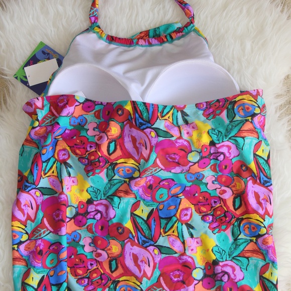 Plus 2X Tankini Floral RedBlue Overlay Swim Top - Picture 3 of 4